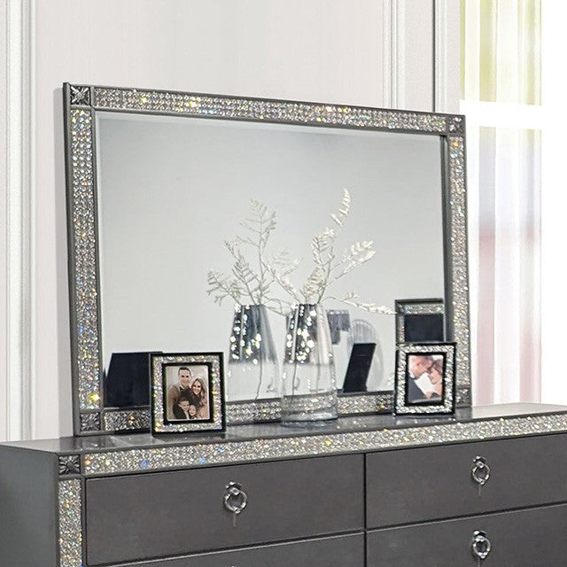FM7240GY-4PC 4 pc Titania grey finish wood padded fabric headboard crystal accents trim queen bedroom set