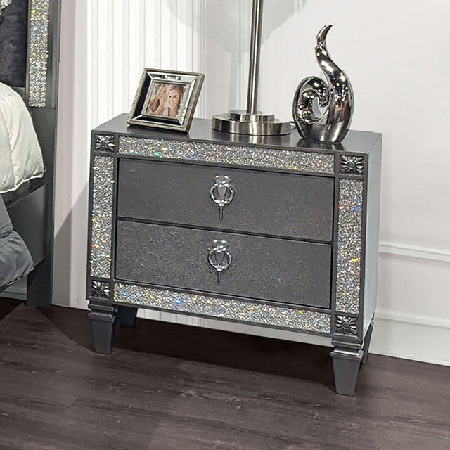 FM7240GY-4PC 4 pc Titania grey finish wood padded fabric headboard crystal accents trim queen bedroom set