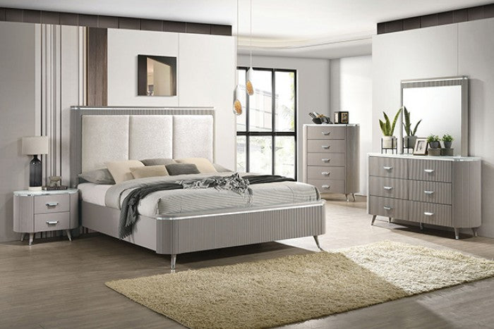 FM7243GY-4PC 4 pc Aldgate light grey finish wood reeded panel and silver accents queen bedroom set