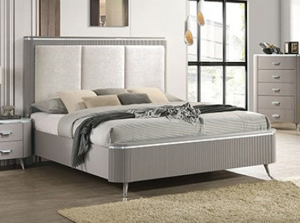FM7243GY-Q  Aldgate light grey finish wood reeded panel and silver accents queen bed tufted headboard