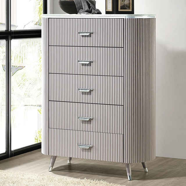 FM7243GY-C Aldgate light grey finish wood reeded panel and silver accents 5 drawer tall chest with stone top