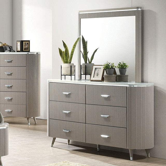 FM7243GY-D Aldgate light grey finish wood reeded panel and silver accents 6 drawer dresser with stone top
