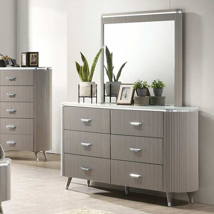 FM7243GY-4PC 4 pc Aldgate light grey finish wood reeded panel and silver accents queen bedroom set