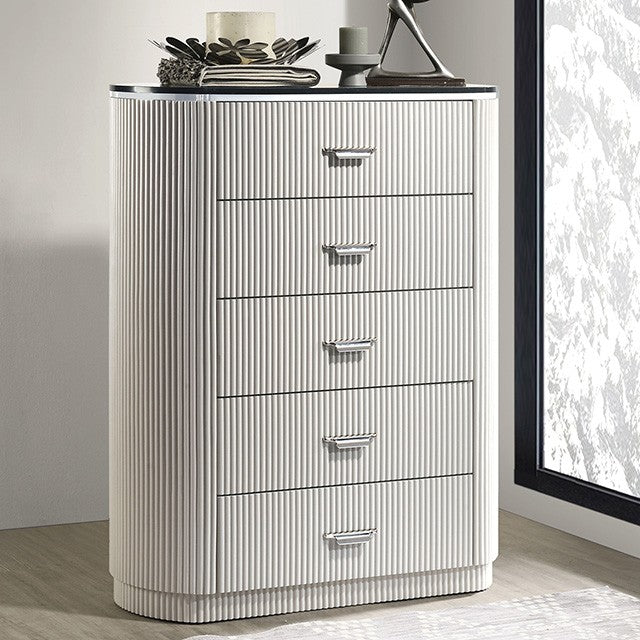 FM7244GY-C Aldgate light grey finish wood reeded panel and silver accents 5 drawer tall chest with stone top