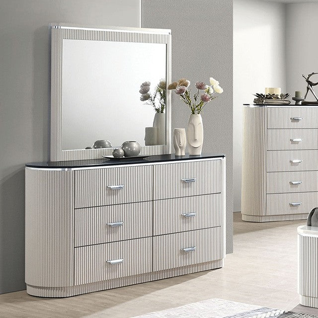 FM7244GY-D Aldgate light grey finish wood reeded panel and silver accents 6 drawer dresser with stone top