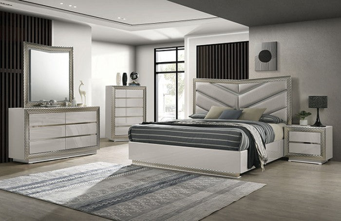 FM7251GY-4PC  4 pc ventnor grey finsh wood padded LED headboard queen bed set with metal accent trim