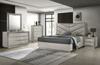 FM7251GY-4PC  4 pc ventnor grey finsh wood padded LED headboard queen bed set with metal accent trim