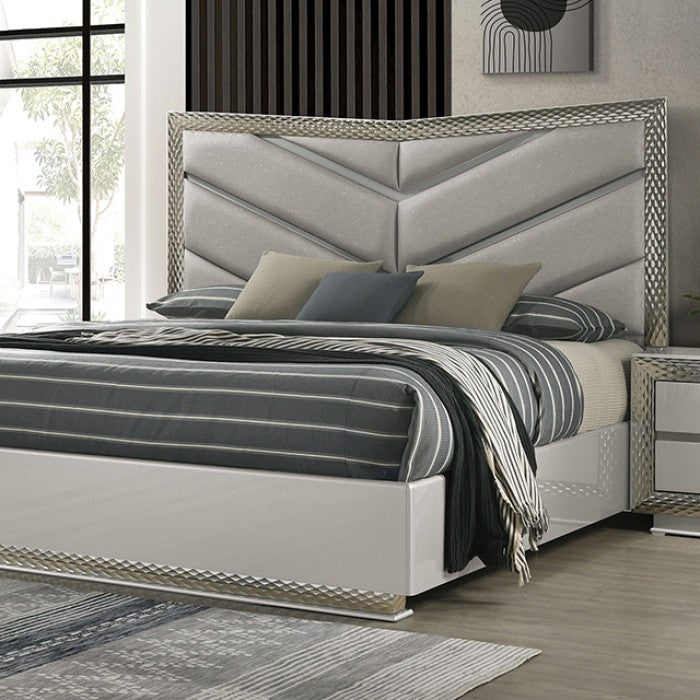 FM7251GY-4PC  4 pc ventnor grey finsh wood padded LED headboard queen bed set with metal accent trim