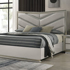 FM7251GY-4PC  4 pc ventnor grey finsh wood padded LED headboard queen bed set with metal accent trim