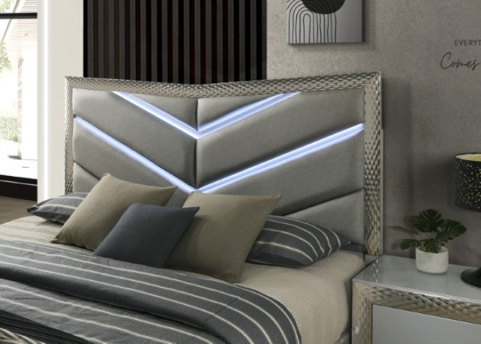 FM7251GY-4PC  4 pc ventnor grey finsh wood padded LED headboard queen bed set with metal accent trim