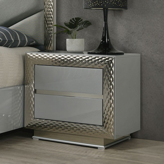 FM7251GY-4PC  4 pc ventnor grey finsh wood padded LED headboard queen bed set with metal accent trim