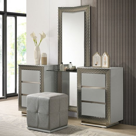 FM7251GY-V-SET  3 pc ventnor grey finsh wood vanity set with metal accent trim and stool