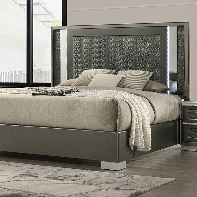 FM7252DG-4PC 4 pc Leyland dark grey finish wood LED and mirrored headboard queen bedroom set