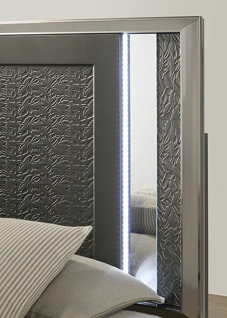 FM7252DG-4PC 4 pc Leyland dark grey finish wood LED and mirrored headboard queen bedroom set