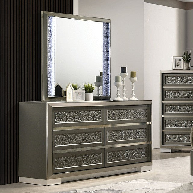 FM7252DG-4PC 4 pc Leyland dark grey finish wood LED and mirrored headboard queen bedroom set