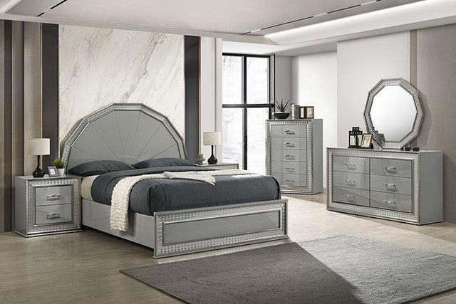 FM7253GY-4PC 4 pc Cassiopeia metallic grey finish wood Glam geometric LED headboard queen bedroom set