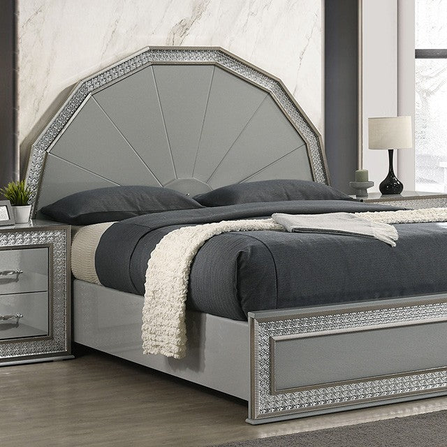 FM7253GY-4PC 4 pc Cassiopeia metallic grey finish wood Glam geometric LED headboard queen bedroom set