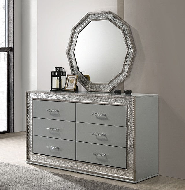FM7253GY-4PC 4 pc Cassiopeia metallic grey finish wood Glam geometric LED headboard queen bedroom set