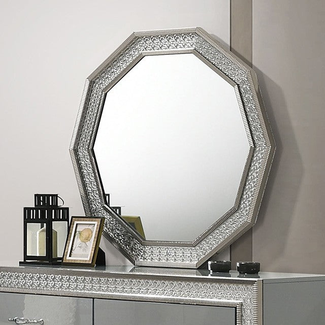 FM7253GY-4PC 4 pc Cassiopeia metallic grey finish wood Glam geometric LED headboard queen bedroom set