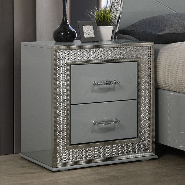 FM7253GY-4PC 4 pc Cassiopeia metallic grey finish wood Glam geometric LED headboard queen bedroom set