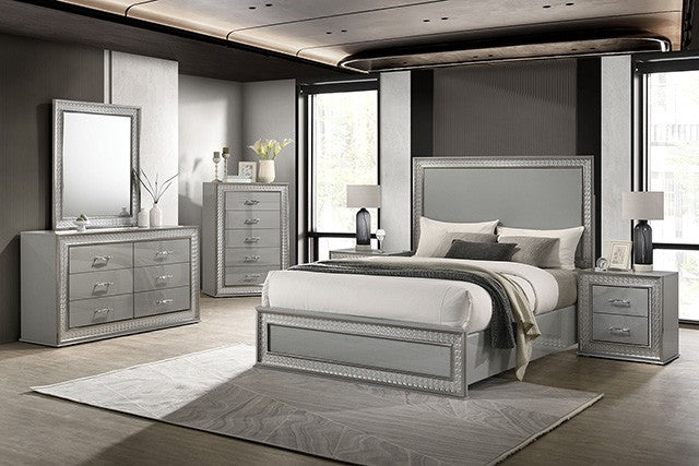 FM7254GY-4PC 4 pc Cassiopeia metallic grey finish wood Glam headboard queen bedroom set