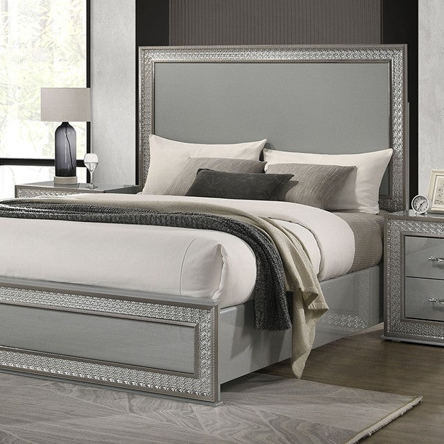 FM7254GY-4PC 4 pc Cassiopeia metallic grey finish wood Glam headboard queen bedroom set