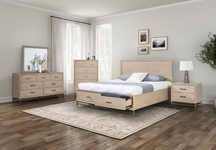 FM7369AK-4PC 4 pc Sandnes light oak finish wood curved panel fronts design queen bedroom set