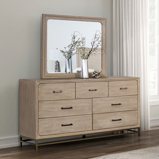 FM7369AK-D Sandnes light oak finish wood curved panel fronts design 7 drawer dresser
