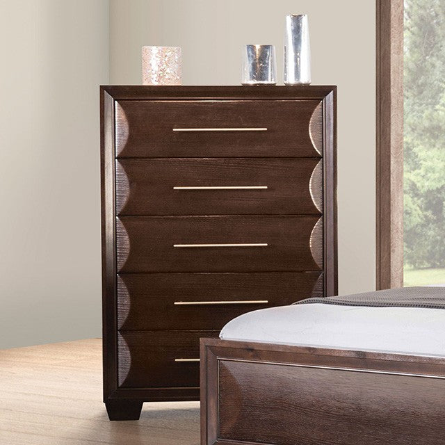 FM7399ES-C Chemnitz espresso brown finish wood horizontal round fronts 5 drawer tall chest
