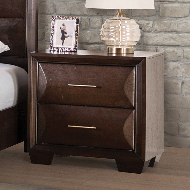 FM7399ES-N Chemnitz espresso brown finish wood horizontal round fronts 2 drawer nightstand