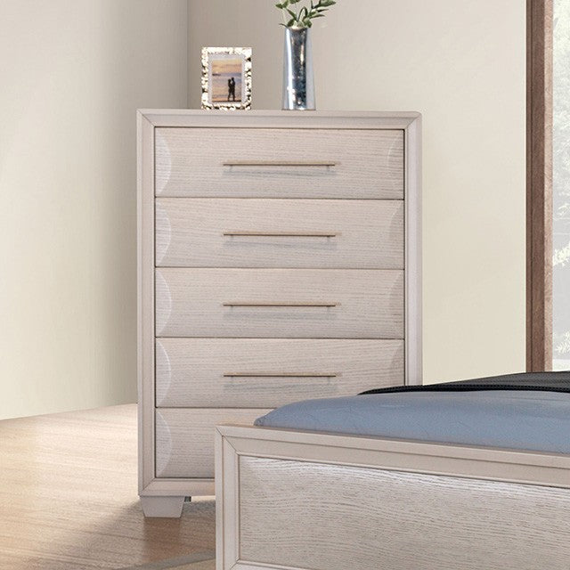 FM7399WH-C Chemnitz white wash finish wood horizontal round fronts 5 drawer chest