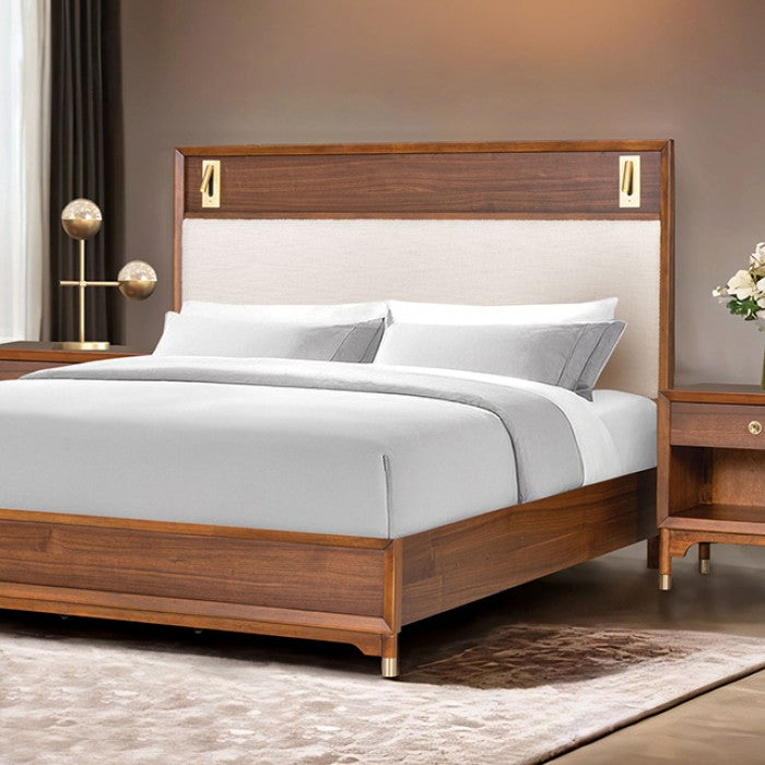 FM74000WN-4PC 4 pc Hepburne walnut finish wood mid century modern queen bedroom set built in lighting