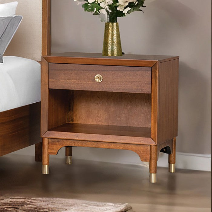 FM74000WN-4PC 4 pc Hepburne walnut finish wood mid century modern queen bedroom set built in lighting
