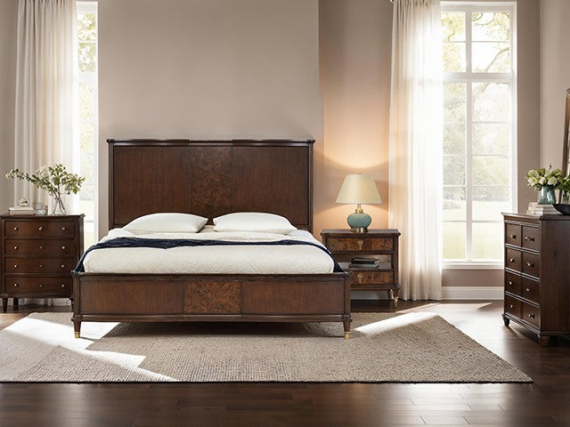 FM74001CH-ST-4PC 4 pc Westerham dark cherry finish wood mid century modern queen bedroom set gold capped legs reading lights