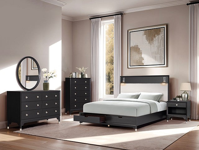 FM74002BK-ST-4PC 4 pc Torrance black finish wood mid century modern queen bedroom set built in lighting footboard drawers