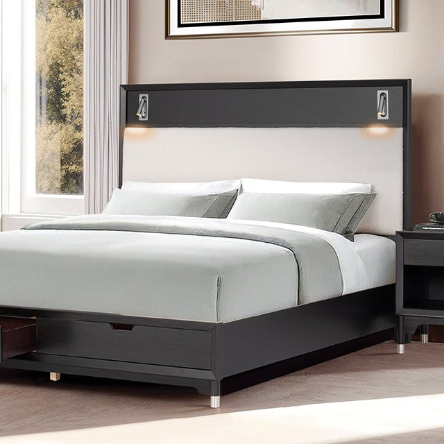 FM74002BK-ST-4PC 4 pc Torrance black finish wood mid century modern queen bedroom set built in lighting footboard drawers