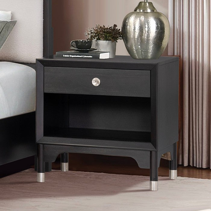FM74002BK-ST-4PC 4 pc Torrance black finish wood mid century modern queen bedroom set built in lighting footboard drawers