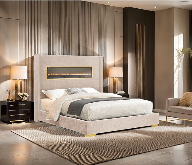 FM74003BG Danvers beige fabric wingback design upholstered queen bed fireplace and Bluetooth speakers and USB