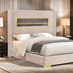 FM74003BG Danvers beige fabric wingback design upholstered queen bed fireplace and Bluetooth speakers and USB