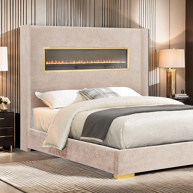 FM74003BG Danvers beige fabric wingback design upholstered queen bed fireplace and Bluetooth speakers and USB