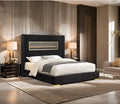 FM74003BK Danvers black fabric wingback design upholstered queen bed fireplace and Bluetooth speakers and USB