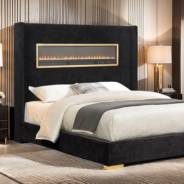 FM74003BK Danvers black fabric wingback design upholstered queen bed fireplace and Bluetooth speakers and USB