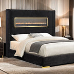 FM74003BK Danvers black fabric wingback design upholstered queen bed fireplace and Bluetooth speakers and USB