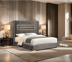 FM74003GY Danvers grey fabric wingback design upholstered queen bed fireplace and Bluetooth speakers and USB