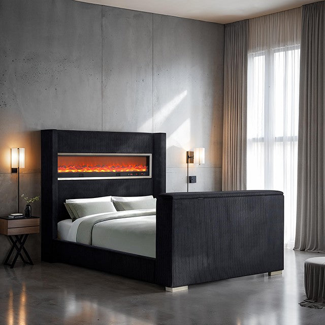FM74004BK Sumter black fabric wingback design upholstered queen bed with TV lift and fireplace and Bluetooth speakers and USB