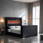 FM74004BK Sumter black fabric wingback design upholstered queen bed with TV lift and fireplace and Bluetooth speakers and USB