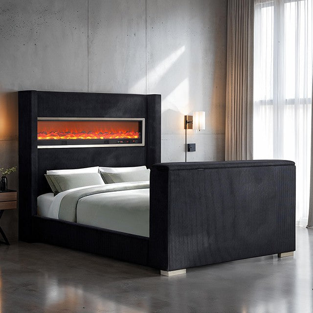 FM74004BK Sumter black fabric wingback design upholstered queen bed with TV lift and fireplace and Bluetooth speakers and USB