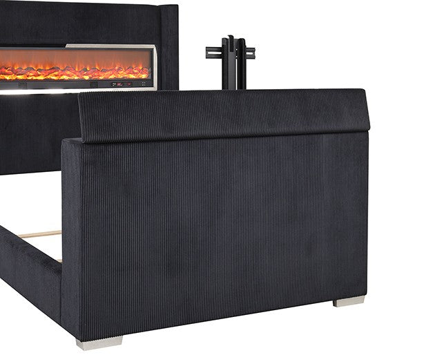 FM74004BK Sumter black fabric wingback design upholstered queen bed with TV lift and fireplace and Bluetooth speakers and USB
