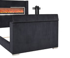 FM74004BK Sumter black fabric wingback design upholstered queen bed with TV lift and fireplace and Bluetooth speakers and USB