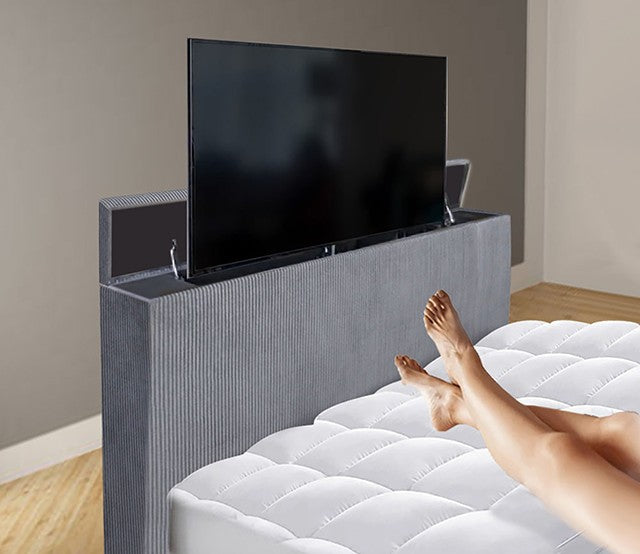 FM74004GY Sumter grey fabric wingback design upholstered queen bed with TV lift and fireplace and Bluetooth speakers and USB